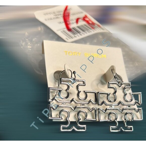 Beautiful Authentic Tory Burch Silver Britten Logo Drop Hoop Earrings - Picture 5 of 6